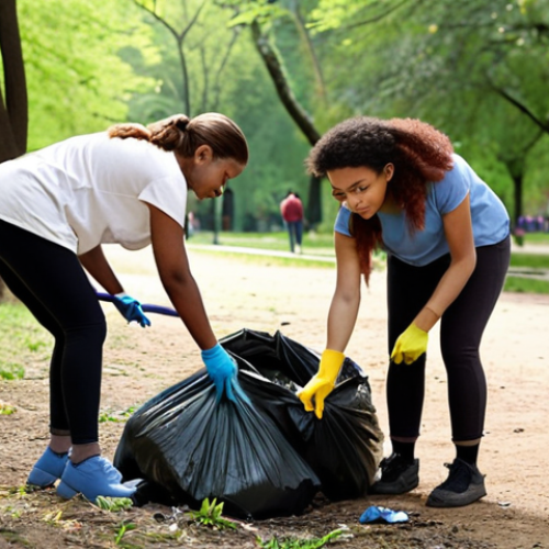 Home 4 ** A diverse group of people volunteering together in a local park, cleaning up trash and planting trees. Focus on the feeling of community and environmentalism.
**