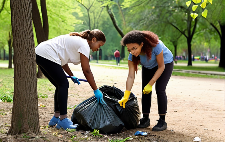 ** A diverse group of people volunteering together in a local park, cleaning up trash and planting trees. Focus on the feeling of community and environmentalism.
**